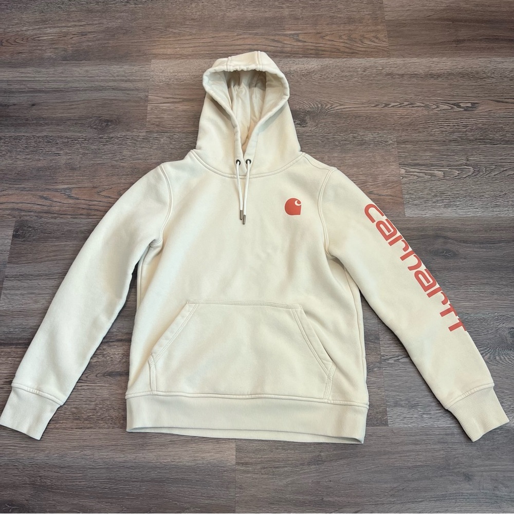 Carhartt Clarksburg Graphic Sleeve Hoodie Small Cream Beige Orange Pullover